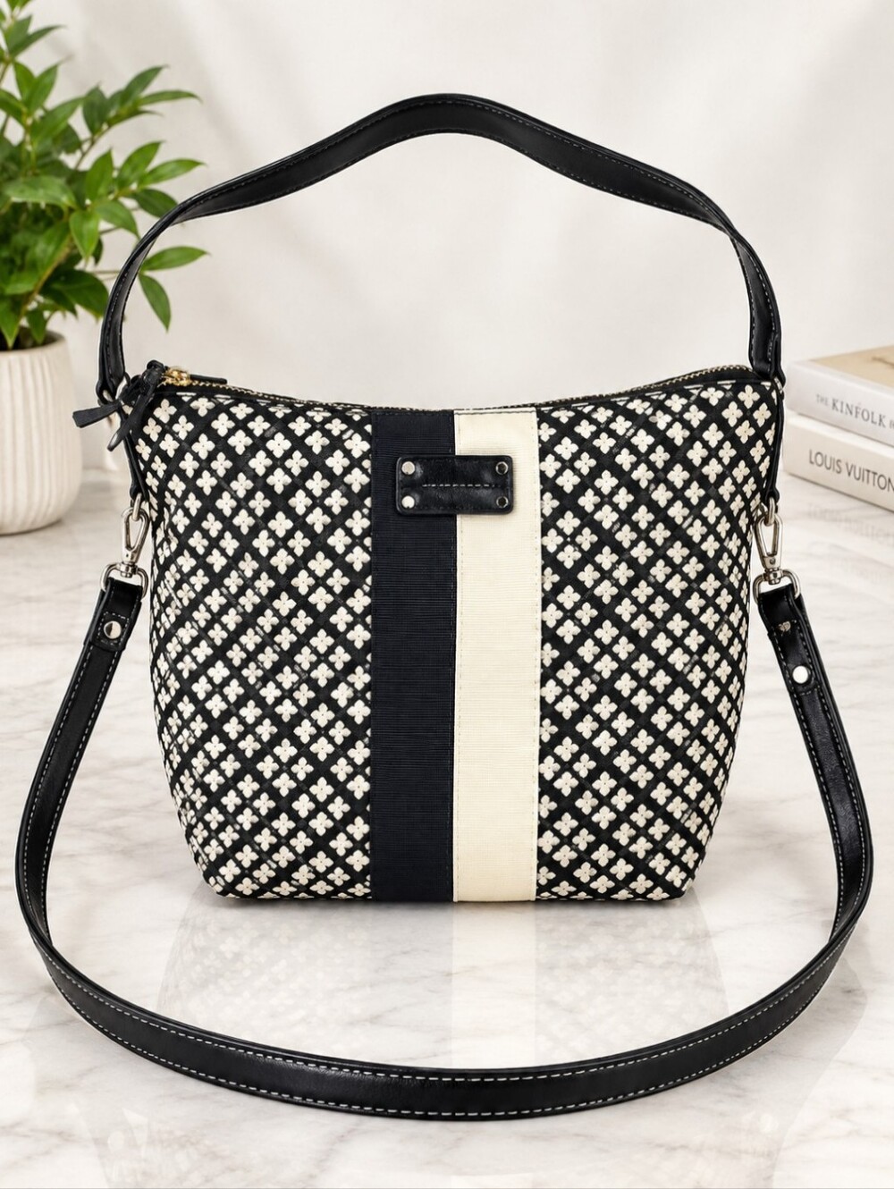 Kate Spade Classic Spade Mona Canvas Shoulder Bag in Black & Cream